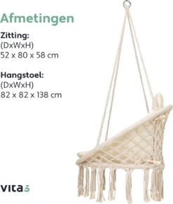 Vita5 Macramé Hangstoel - Voor Binnen En Buiten - Zonder Standaard - Incl. Kussen, Boekenvak En Beschermhoes - Tot 150kg - Beige -Tuin Verkoop 1020x1200 2