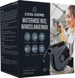CoolHome - Wandslangenbox 20 Meter + 2 Meter - Tuinslang Met Haspel- Slangenhouder 180° Draaibaar - Tuinslanghaspel Zwart - Grijs -Tuin Verkoop 1146x1200