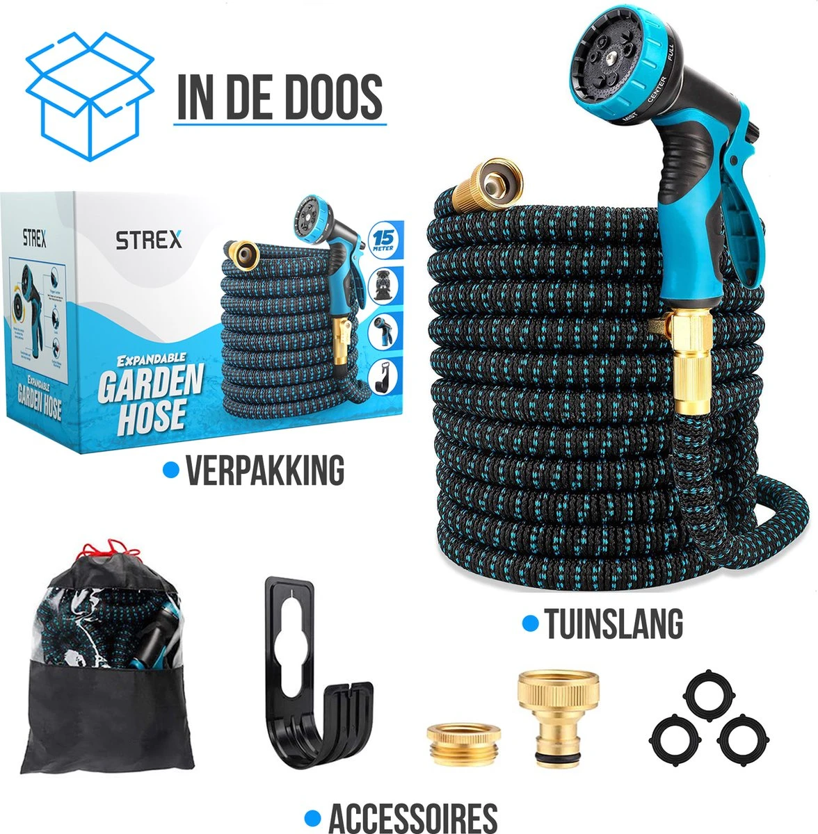 Strex Flexibele Tuinslang 15M Met Sproeikop - Uitrekbaar - Incl. Koppelingen, Ophanghaak & Opbergzak 8 Strex Flexibele Tuinslang 15M Met Sproeikop - Uitrekbaar - Incl. Koppelingen, Ophanghaak & Opbergzak - Image 8