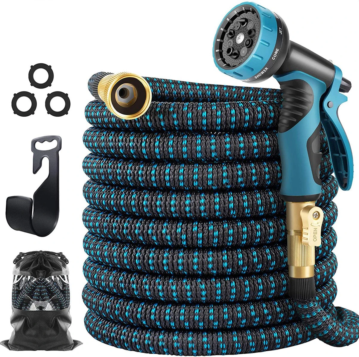 Strex Flexibele Tuinslang 15M Met Sproeikop - Uitrekbaar - Incl. Koppelingen, Ophanghaak & Opbergzak 1 Strex Flexibele Tuinslang 15M Met Sproeikop - Uitrekbaar - Incl. Koppelingen, Ophanghaak & Opbergzak