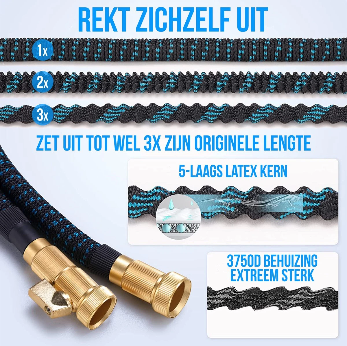 Strex Flexibele Tuinslang 15M Met Sproeikop - Uitrekbaar - Incl. Koppelingen, Ophanghaak & Opbergzak 3 Strex Flexibele Tuinslang 15M Met Sproeikop - Uitrekbaar - Incl. Koppelingen, Ophanghaak & Opbergzak - Image 3