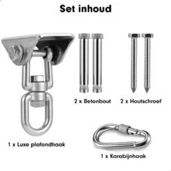 Luxe Ophangsysteem - 180° Schommelen, 360° Roteerbaar - Plafondhaak - Ophanghaak - Hangstoel Buiten - Hangstoel Binnen – Schommelstoel - Schommel - Bokszakken - RVS - Nederlandse Handleiding - -Tuin Verkoop 1200x1200 311