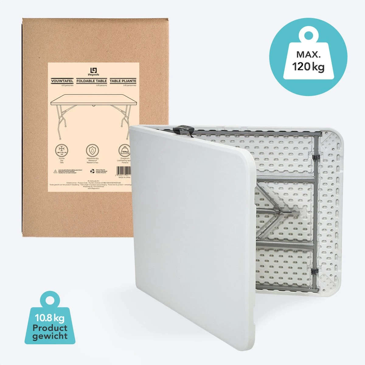 LifeGoods Klaptafel - Inklapbaar - 70x180cm - Verstelbare Vouwtafel - Weerbestendig - Wit 4 LifeGoods Klaptafel - Inklapbaar - 70x180cm - Verstelbare Vouwtafel - Weerbestendig - Wit - Image 4