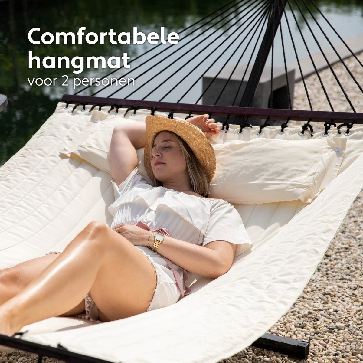 Vita5 Hangmat Met Standaard En Spreidstok – 2 Persoons – Incl. Bekerhouder - Afneembaar Kussen – Uv-bestendig – Beige 4 Vita5 Hangmat Met Standaard En Spreidstok – 2 Persoons – Incl. Bekerhouder - Afneembaar Kussen – Uv-bestendig – Beige - Image 4