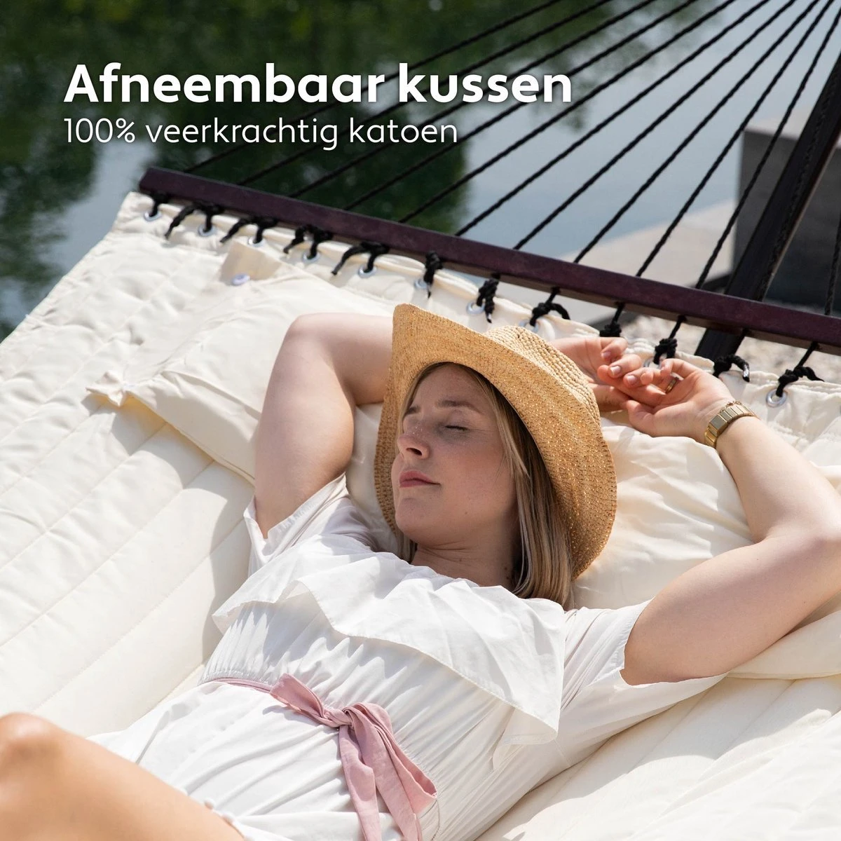 Vita5 Hangmat Met Standaard En Spreidstok – 2 Persoons – Incl. Bekerhouder - Afneembaar Kussen – Uv-bestendig – Beige 5 Vita5 Hangmat Met Standaard En Spreidstok – 2 Persoons – Incl. Bekerhouder - Afneembaar Kussen – Uv-bestendig – Beige - Image 5