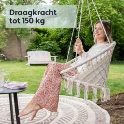 Vita5 Macramé Hangstoel - Voor Binnen En Buiten - Zonder Standaard - Incl. Kussen, Boekenvak En Beschermhoes - Tot 150kg - Beige -Tuin Verkoop 1200x1200 491