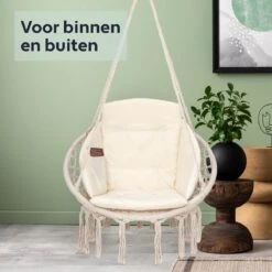 Vita5 Macramé Hangstoel - Voor Binnen En Buiten - Zonder Standaard - Incl. Kussen, Boekenvak En Beschermhoes - Tot 150kg - Beige -Tuin Verkoop 1200x1200 492