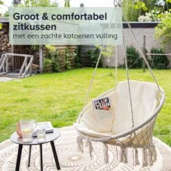 Vita5 Macramé Hangstoel - Voor Binnen En Buiten - Zonder Standaard - Incl. Kussen, Boekenvak En Beschermhoes - Tot 150kg - Beige -Tuin Verkoop 1200x1200 493