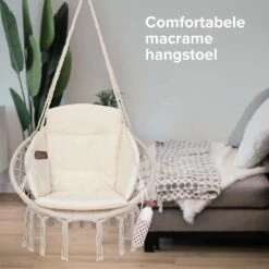 Vita5 Macramé Hangstoel - Voor Binnen En Buiten - Zonder Standaard - Incl. Kussen, Boekenvak En Beschermhoes - Tot 150kg - Beige -Tuin Verkoop 1200x1200 494